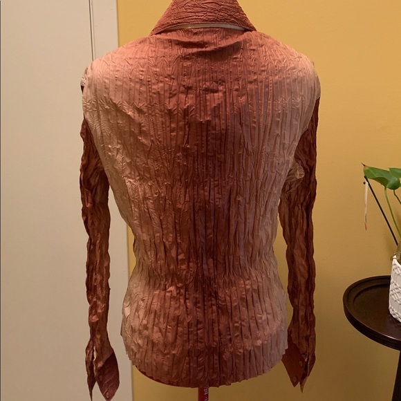 Puli Women’s Wrinkled Top Blouse Bronze shades Long Sleeves Button Down NWOT - Picture 7 of 10
